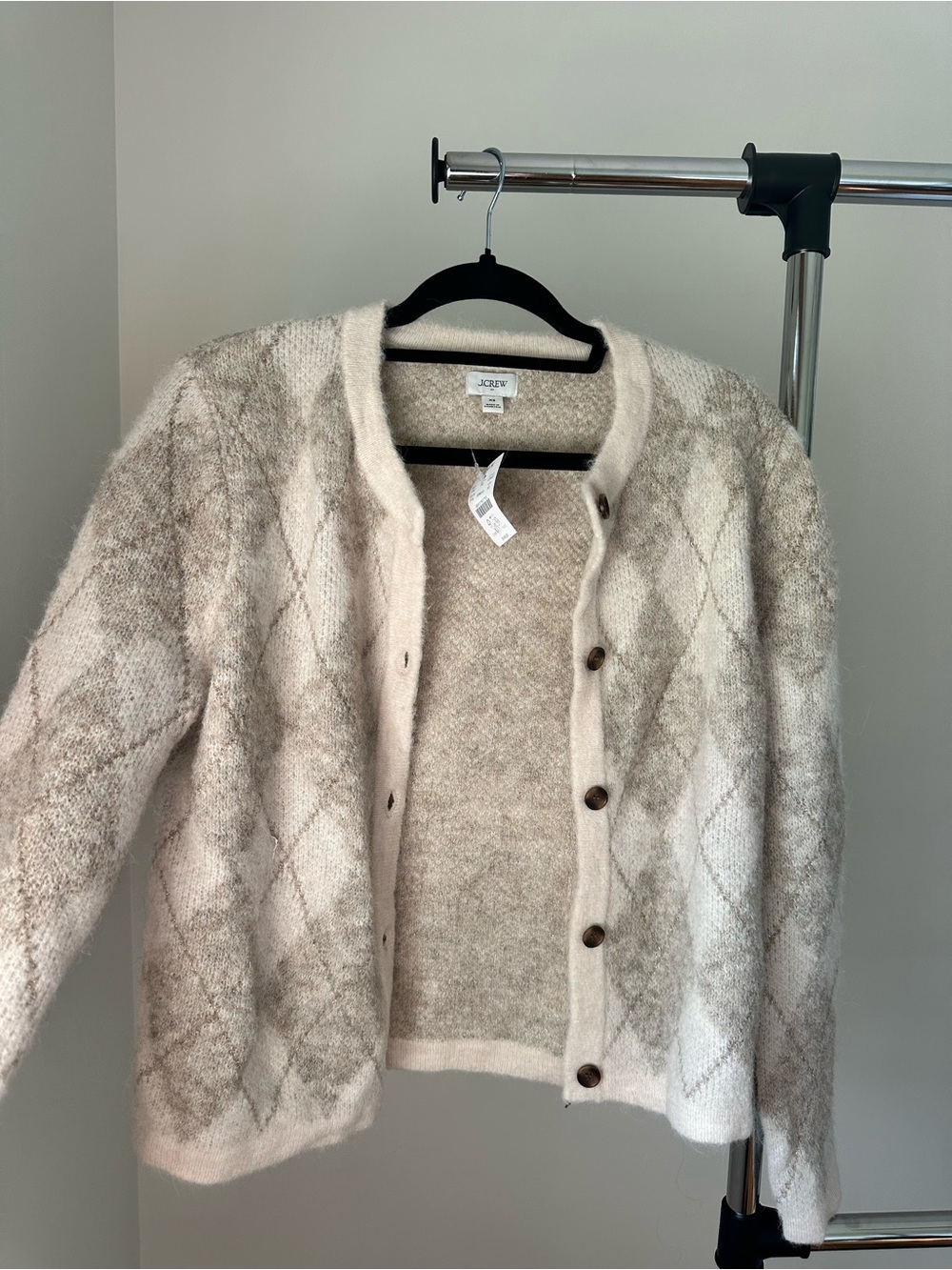 J. Crew Cream and Taupe Argyle Wool Blend Button Cardigan